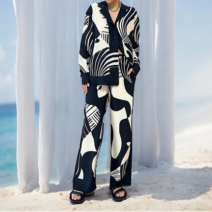 Mira - Elegante trendy bedrukte set met lange mouwen en broek