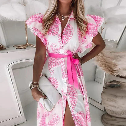 Alexa - Mode ruches korte mouw V-hals knoop print midi jurk