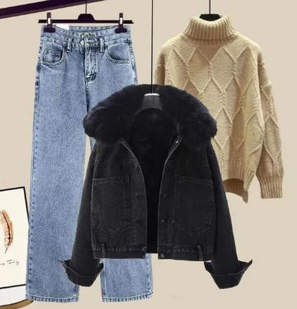 Darlyn -Driedelige set bestaande uit een jeans, een spijkerjasje en een gebreide trui met hoge halslijn
